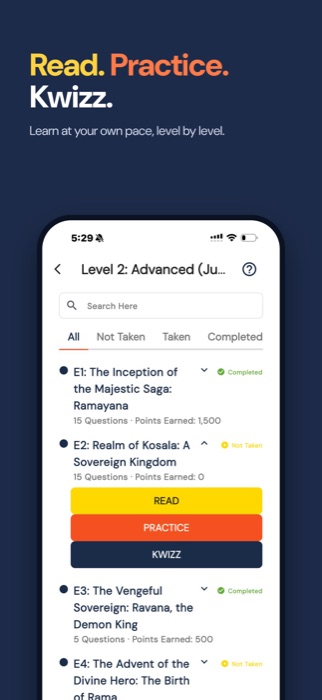 Read, practice, kwizz by level